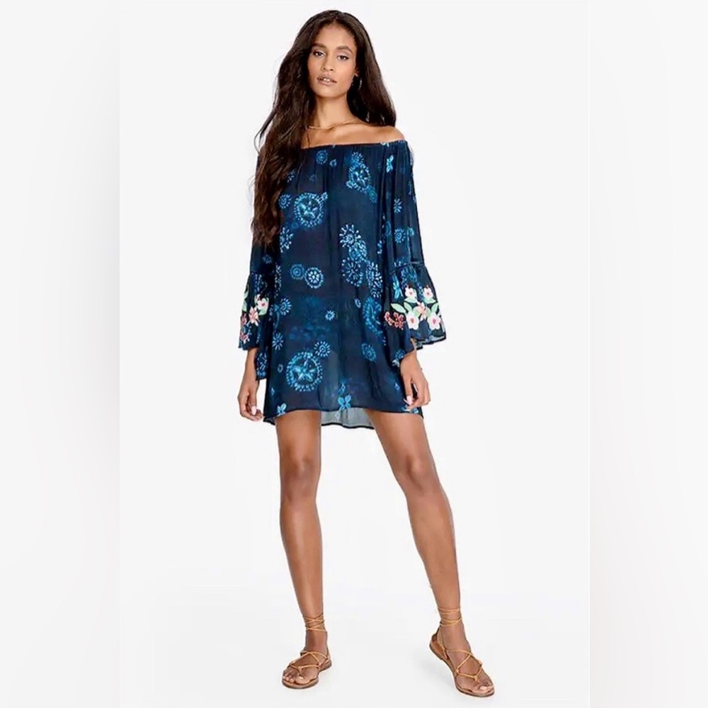 Johnny Was Annia Off The Shoulder Cover Up Dress Navy Floral Tunic Womens Sz M